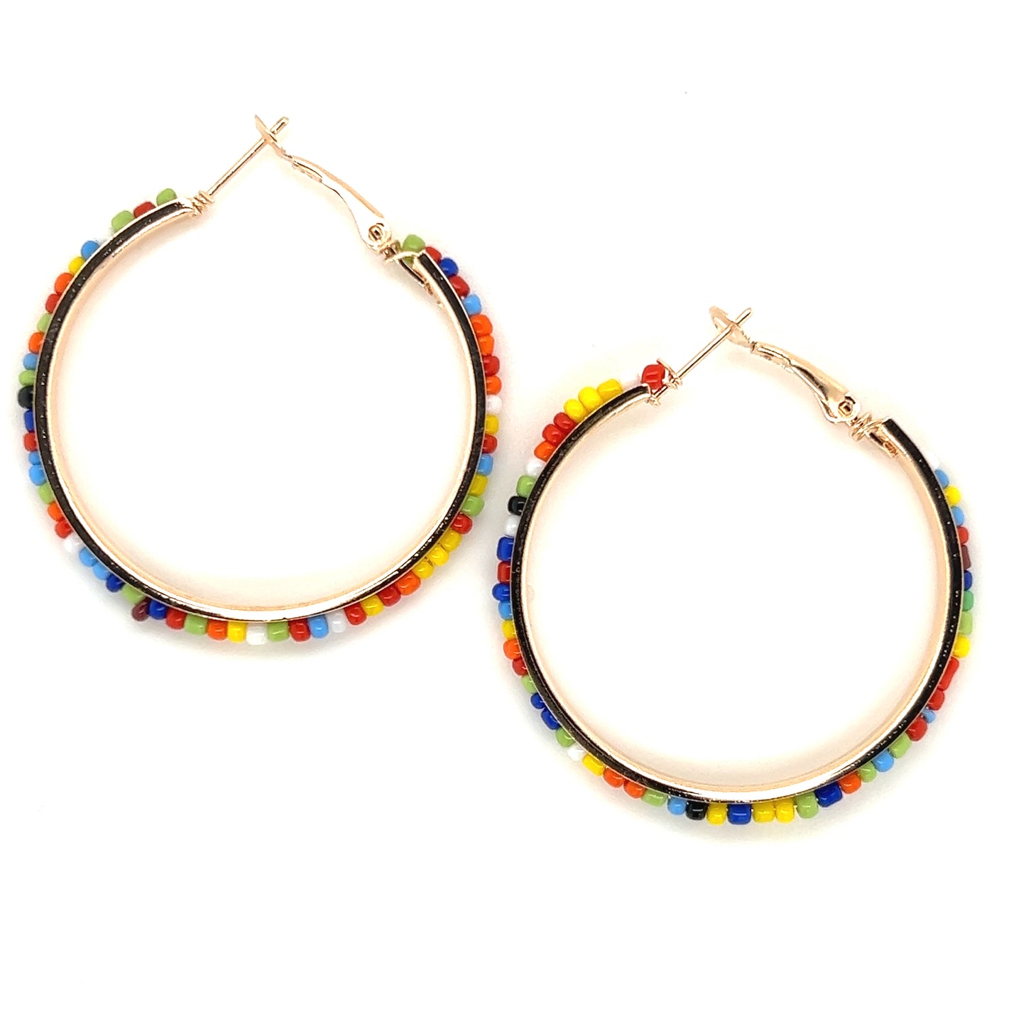 Multi Color Beaded Hoop Gold Tone Earrings