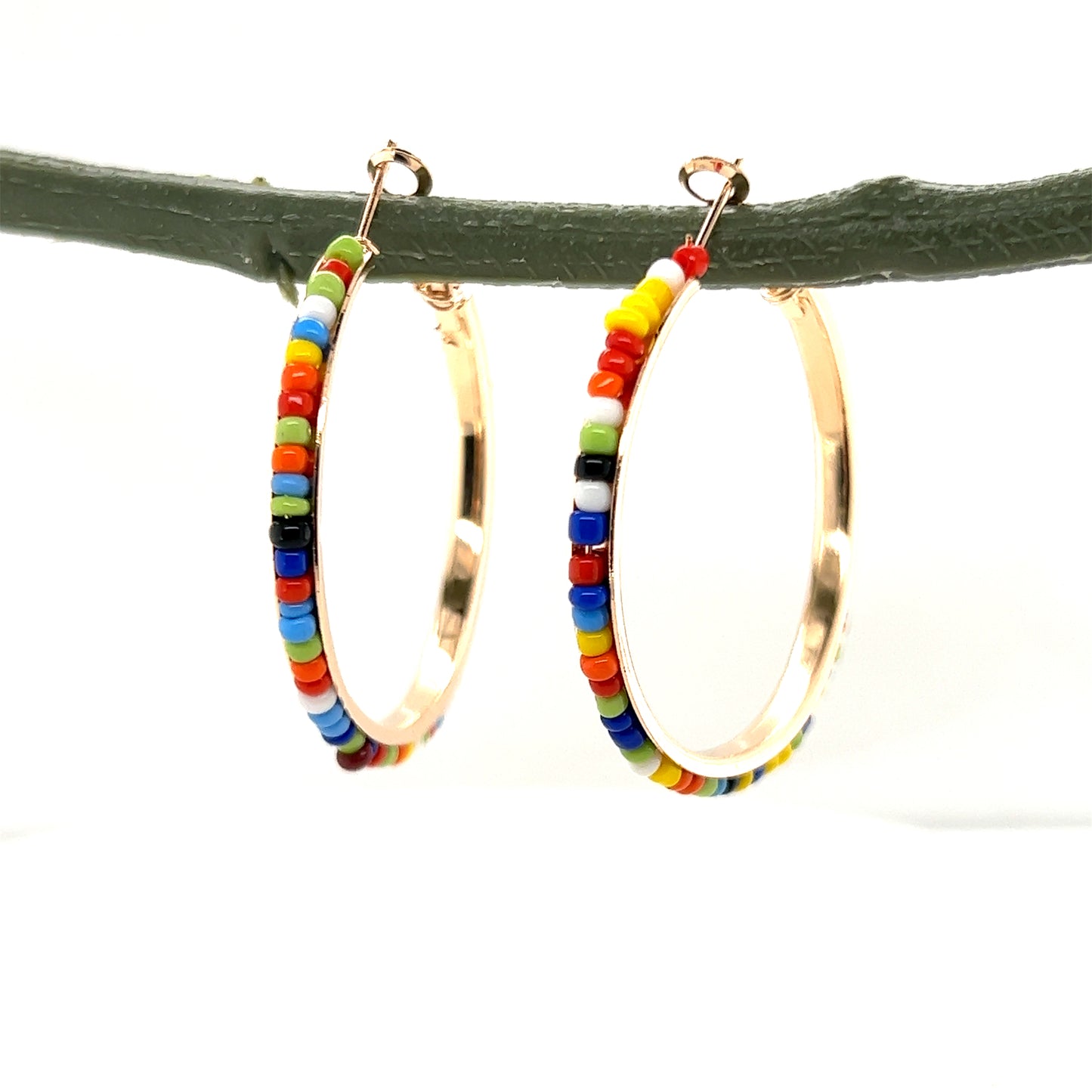 Multi Color Beaded Hoop Gold Tone Earrings