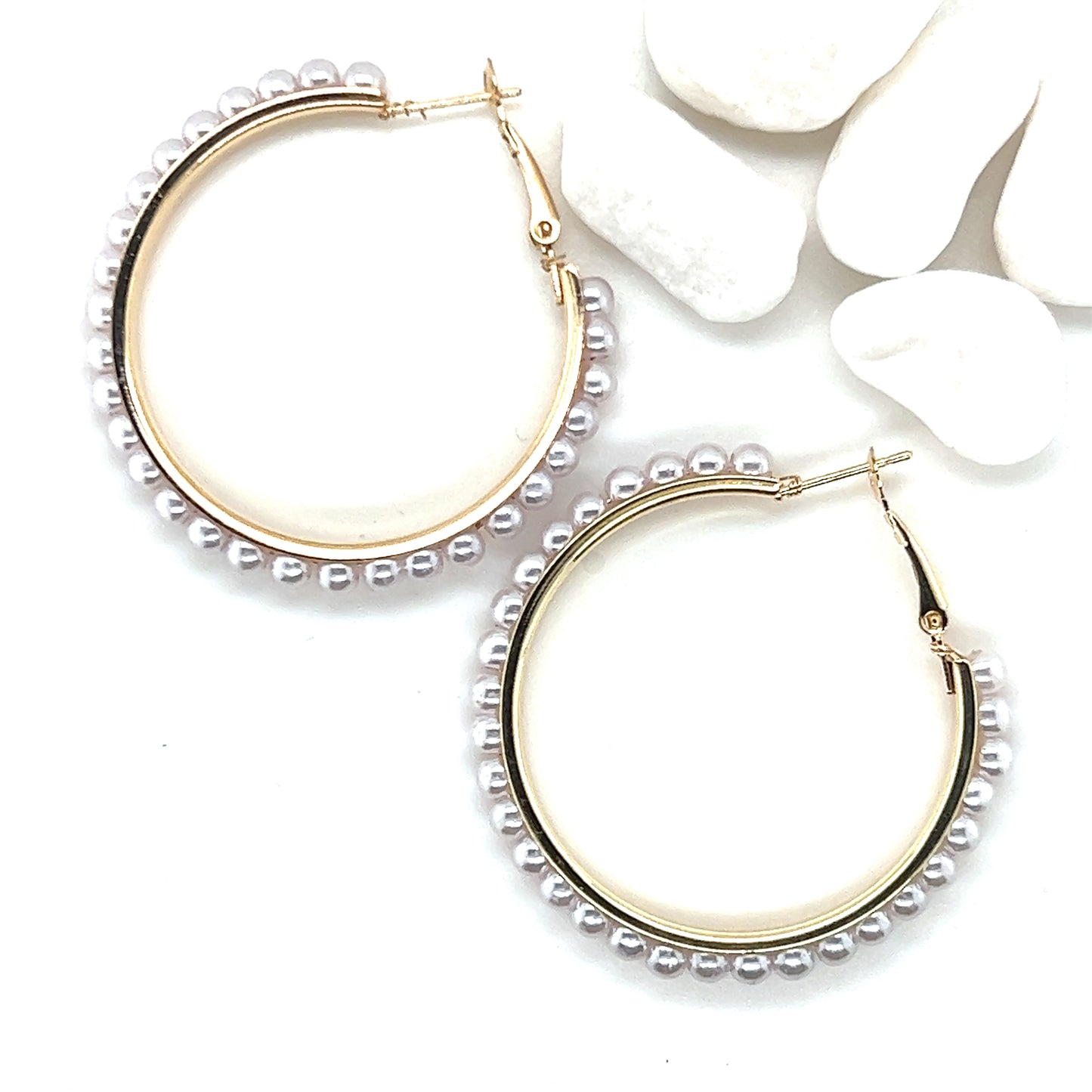 Classic Pearl Beaded Gold Tone Hoop Earrings