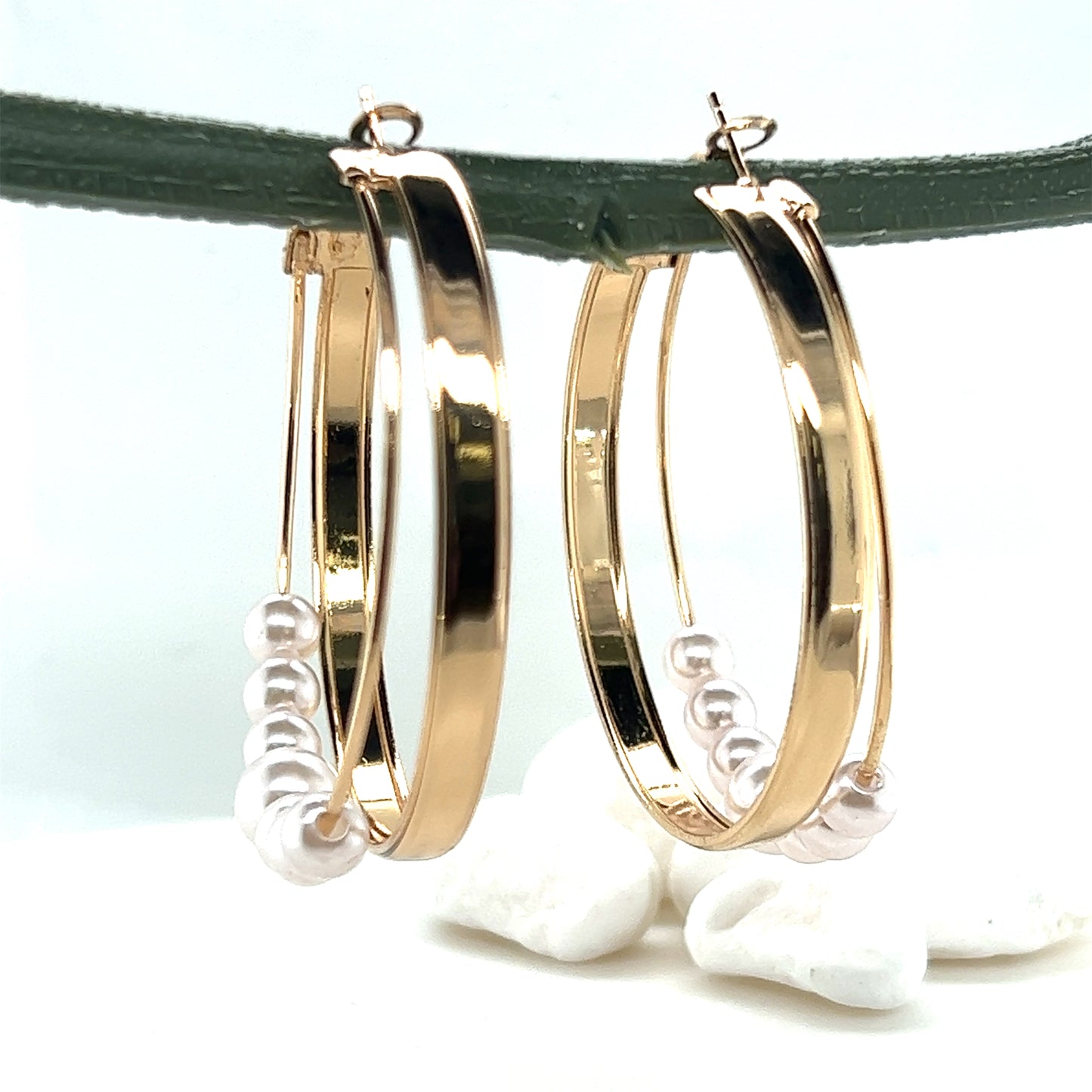 Double Hoop Pearl Bead Gold Tone Earrings