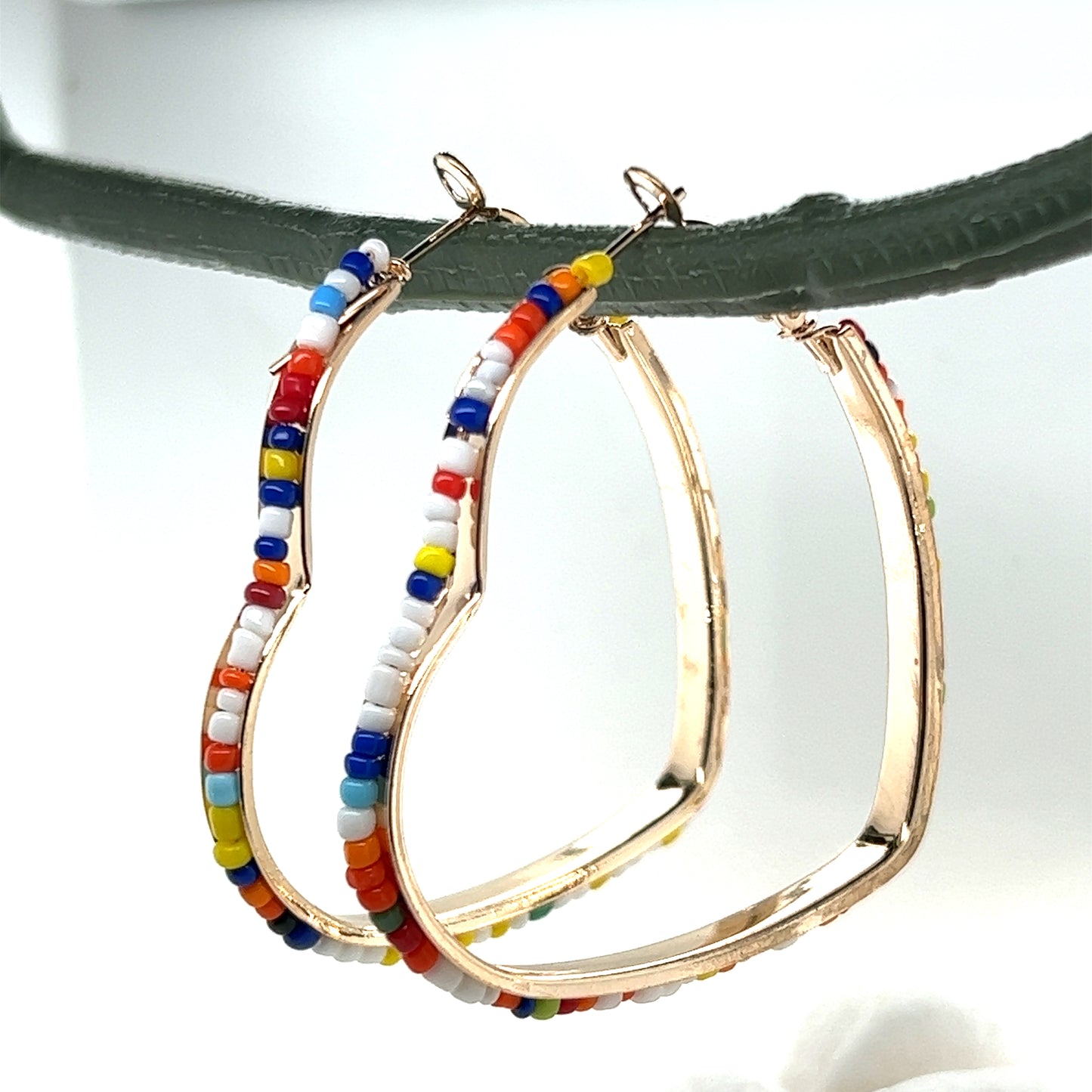 Seed Bead Heart Shaped Gold Tone Hoop Earrings