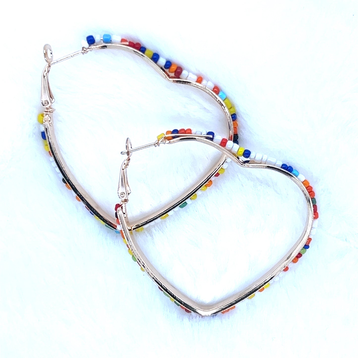 Seed Bead Heart Shaped Gold Tone Hoop Earrings