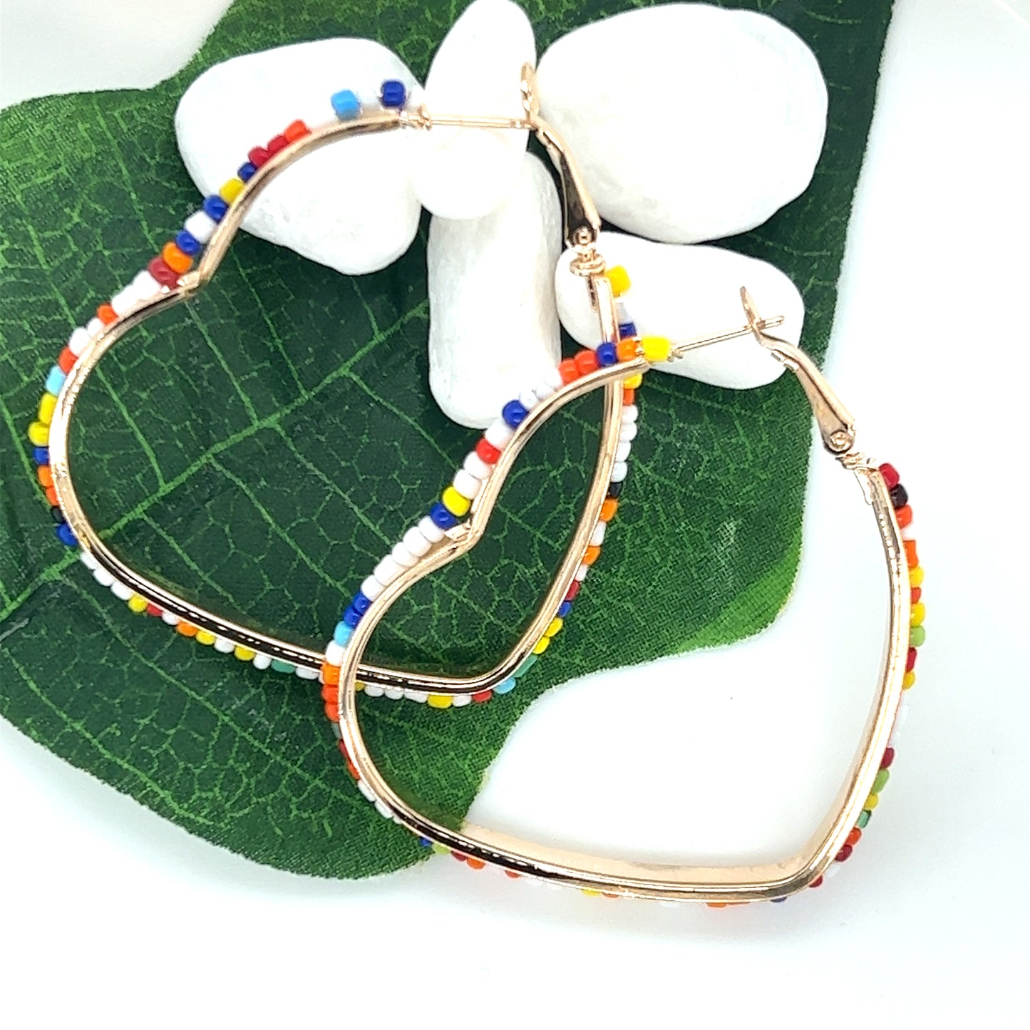 Seed Bead Heart Shaped Gold Tone Hoop Earrings