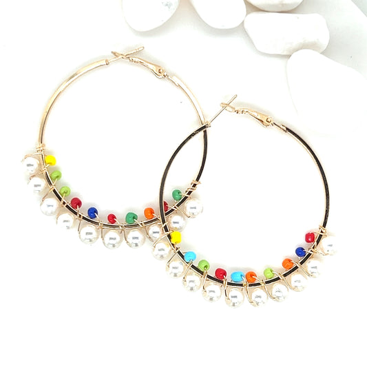 Wire Wrapped Pearl & Seed Bead Gold Tone Hoop Earrings