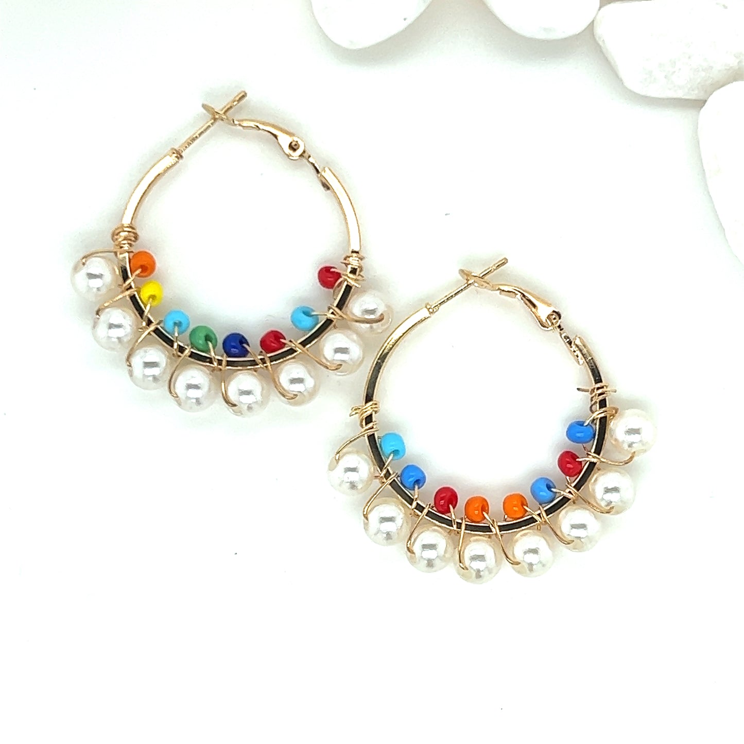Small Wire Wrapped Pearl & Seed Bead Gold Tone Hoop Earrings