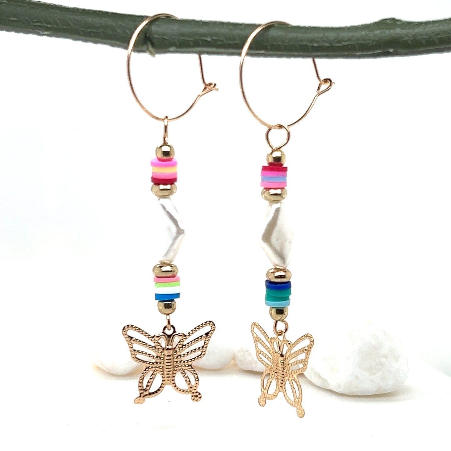 Butterfly Drop Mixed Bead Hoop Dangle Gold Tone Earrings