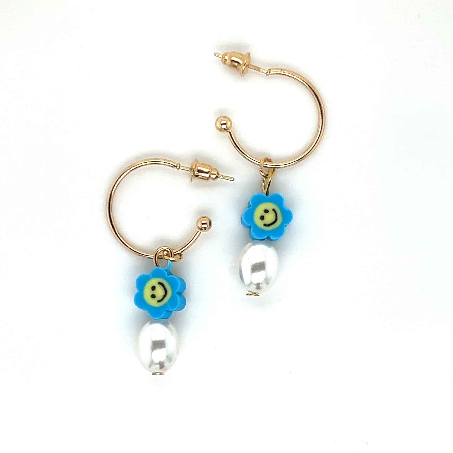 Smiley Flower & Pearl Open Hoop Gold Tone Dangle Earring