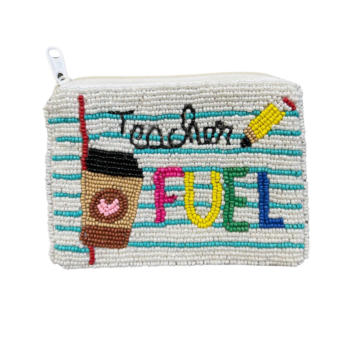 Teacher Fuel Coffee Beaded Zipper Coin & Card Bag