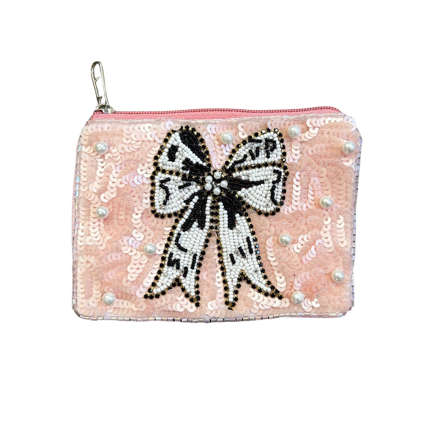 Bow & Pearl Girly Beaded Zipper Coin & Card Bag