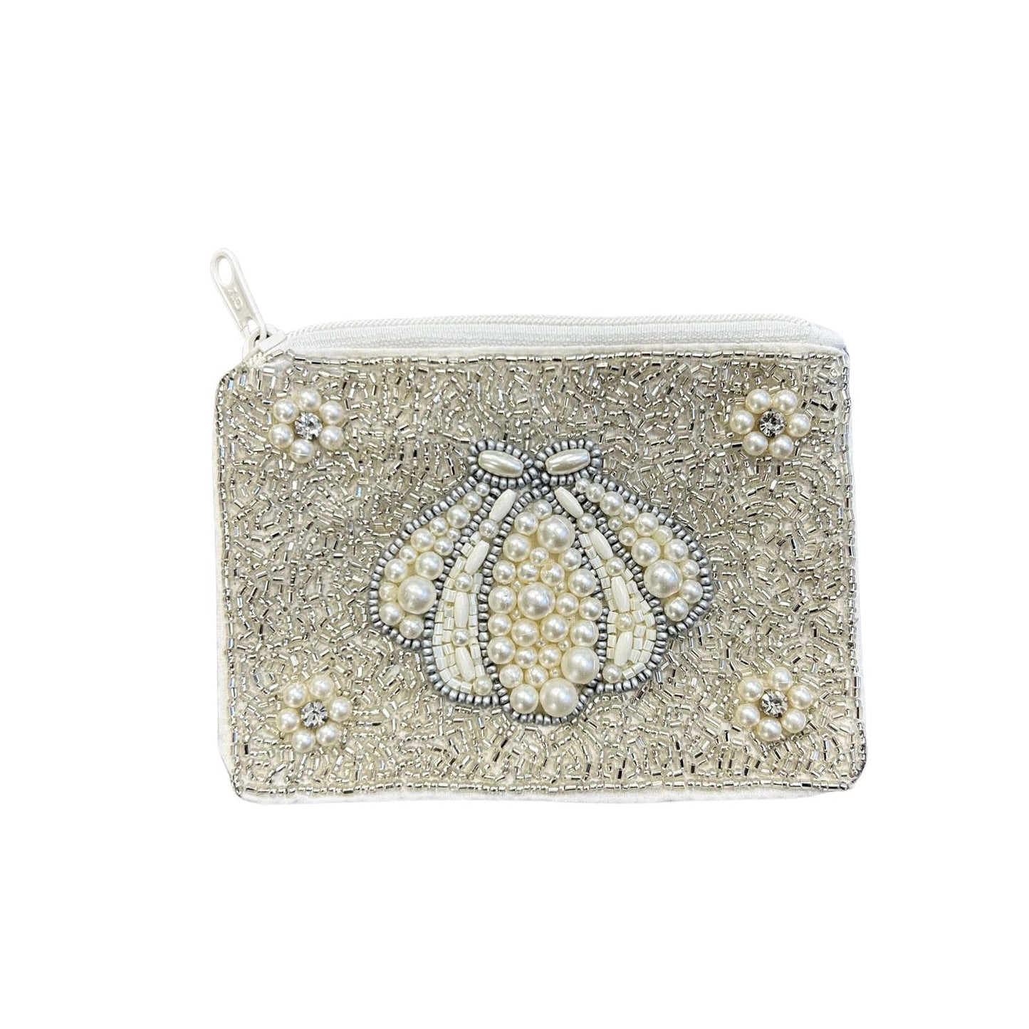 Sea Shell Beaded Zipper Coin & Card Bag - White