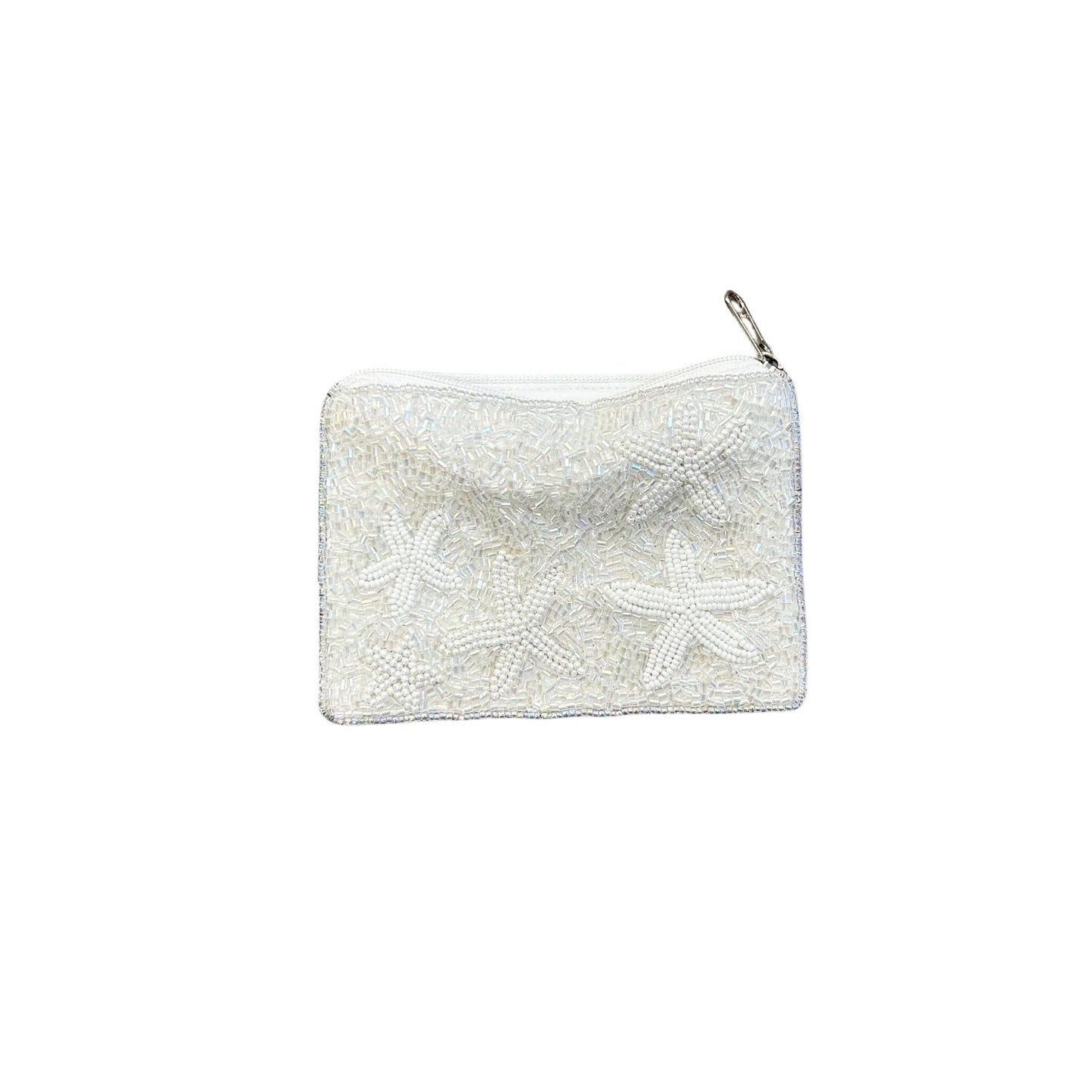 White Starfish Beaded Zipper Coin & Card Bag