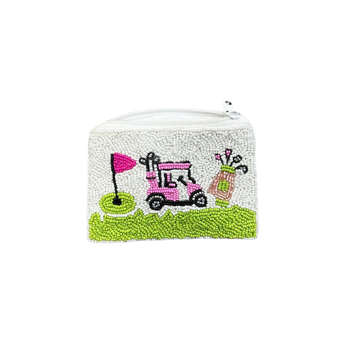 Pink Golf Cart Beaded Zipper Coin & Card Bag