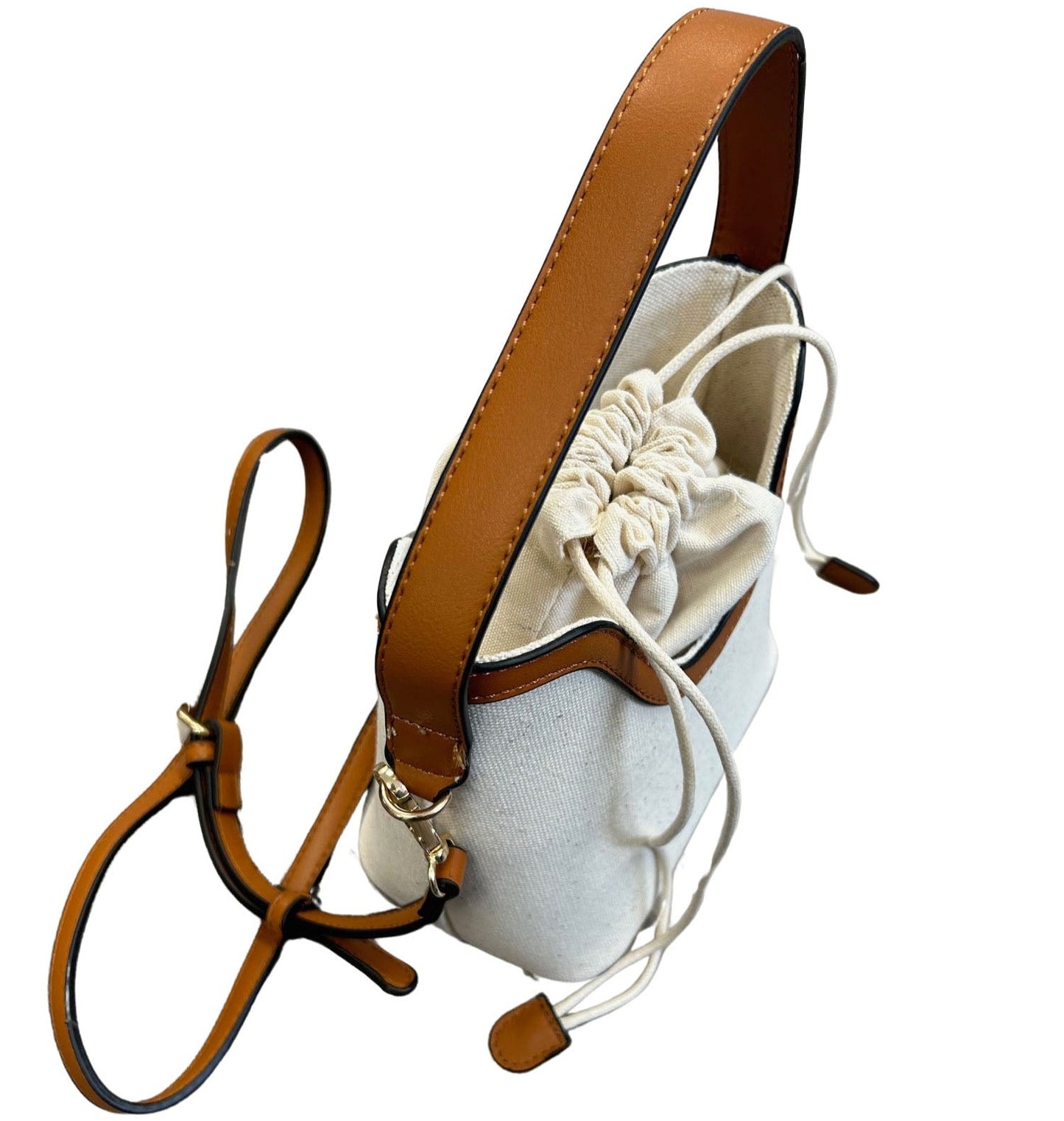 Drawstring Top Canvas & Camel Faux Leather Bag