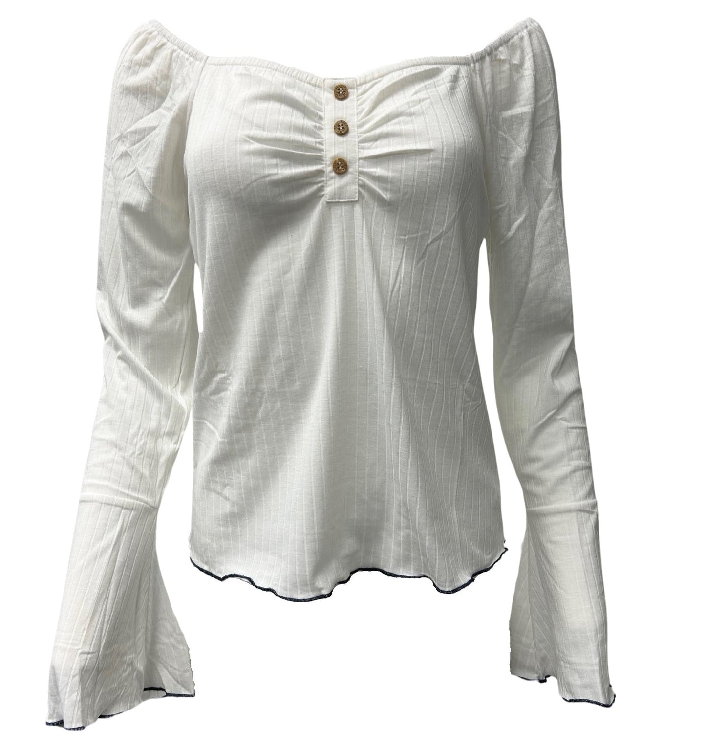 Bell Sleeve Ribbed Jersey Knit Top - White