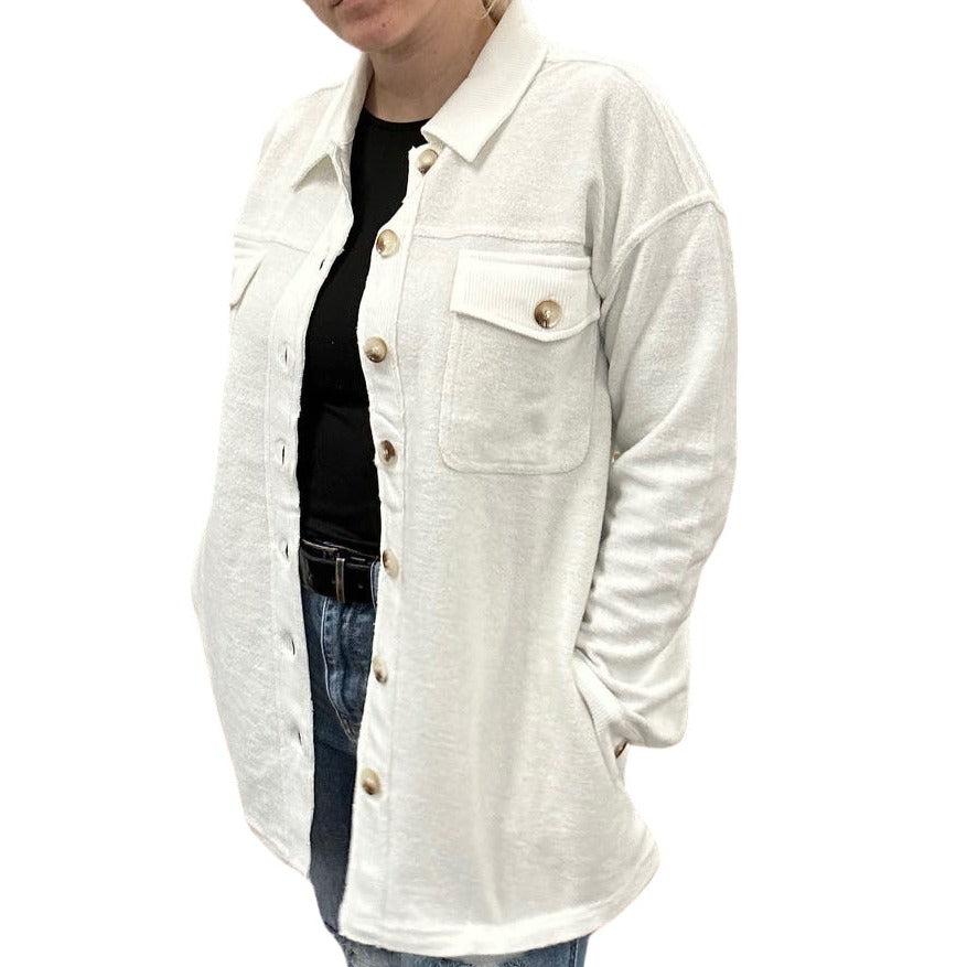 Brushed & Corduroy Shacket With Pockets - White