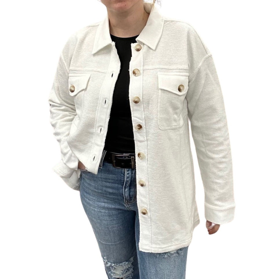 Brushed & Corduroy Shacket With Pockets - White