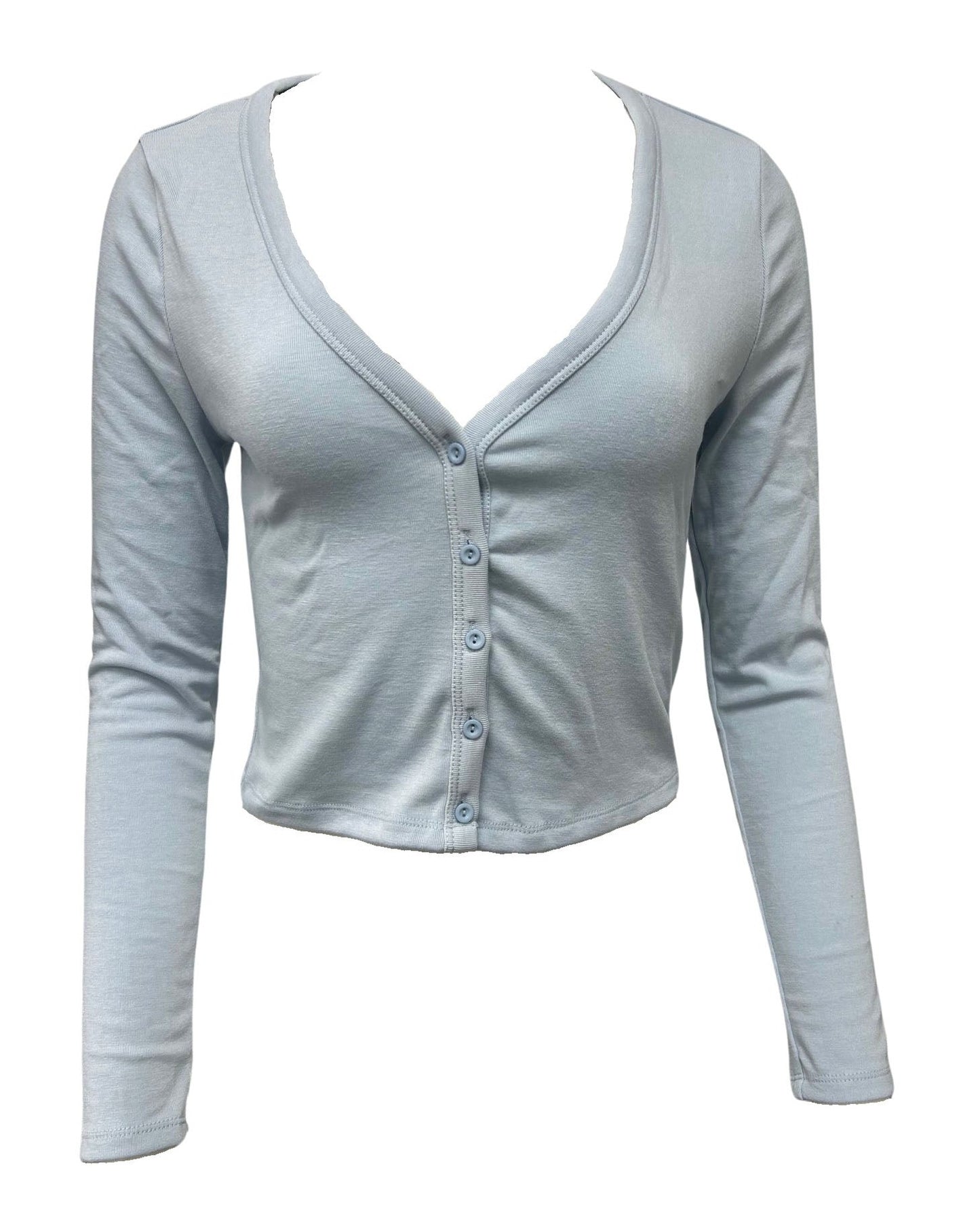 V-Neck Long Sleeve Button Cardigan Top - Light Blue