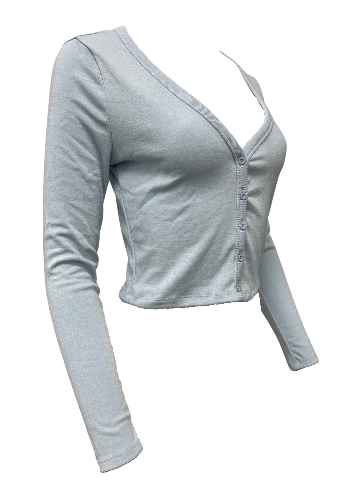 V-Neck Long Sleeve Button Cardigan Top - Light Blue