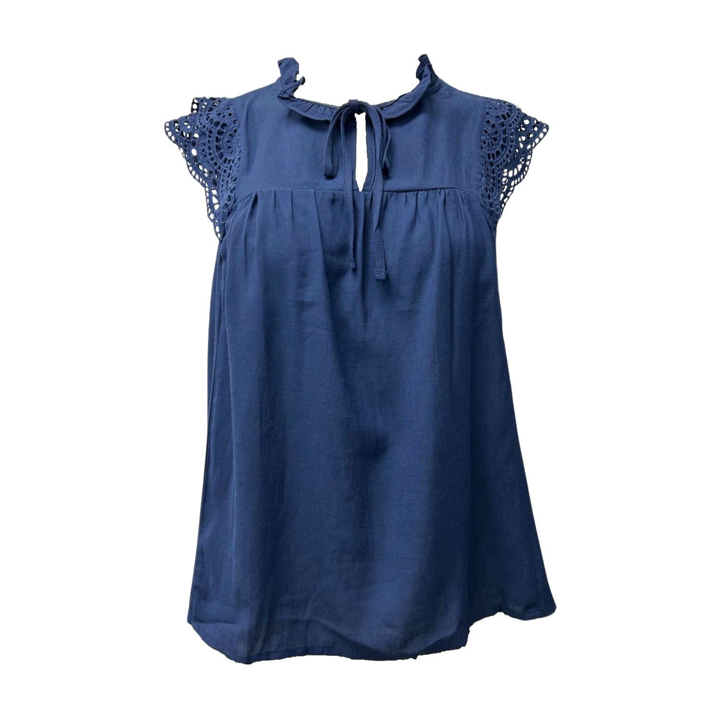 Eyelet Detailed Cap Sleeve Babydoll Top - Navy Blue