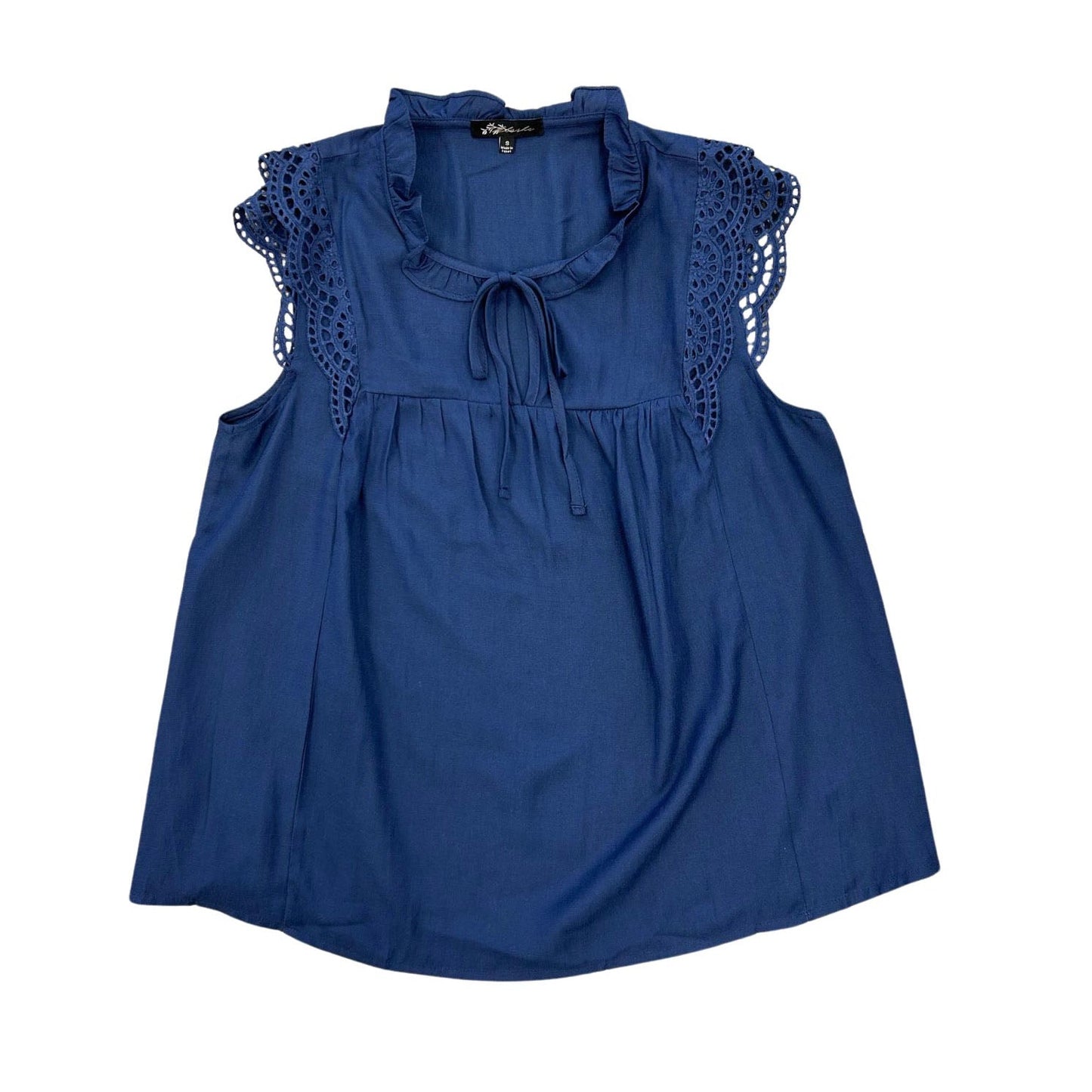 Eyelet Detailed Cap Sleeve Babydoll Top - Navy Blue