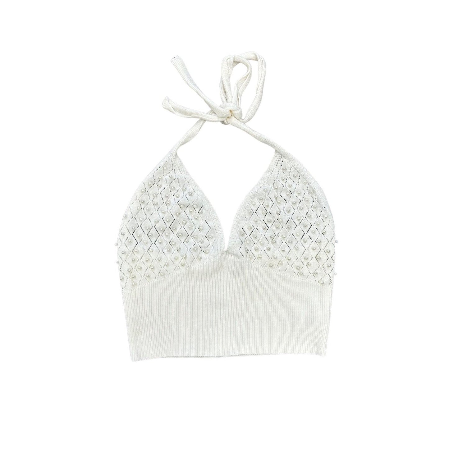 Pearl Knit Triangle Halter Tie Crop Top - Ivory