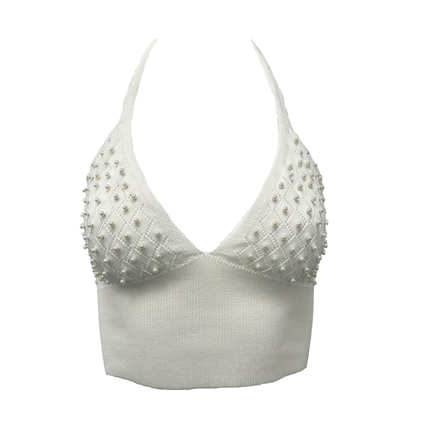 Pearl Knit Triangle Halter Tie Crop Top - Ivory