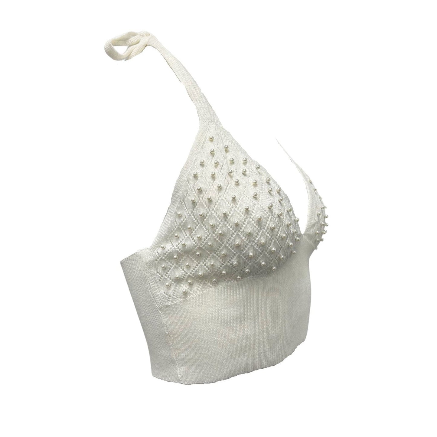 Pearl Knit Triangle Halter Tie Crop Top - Ivory