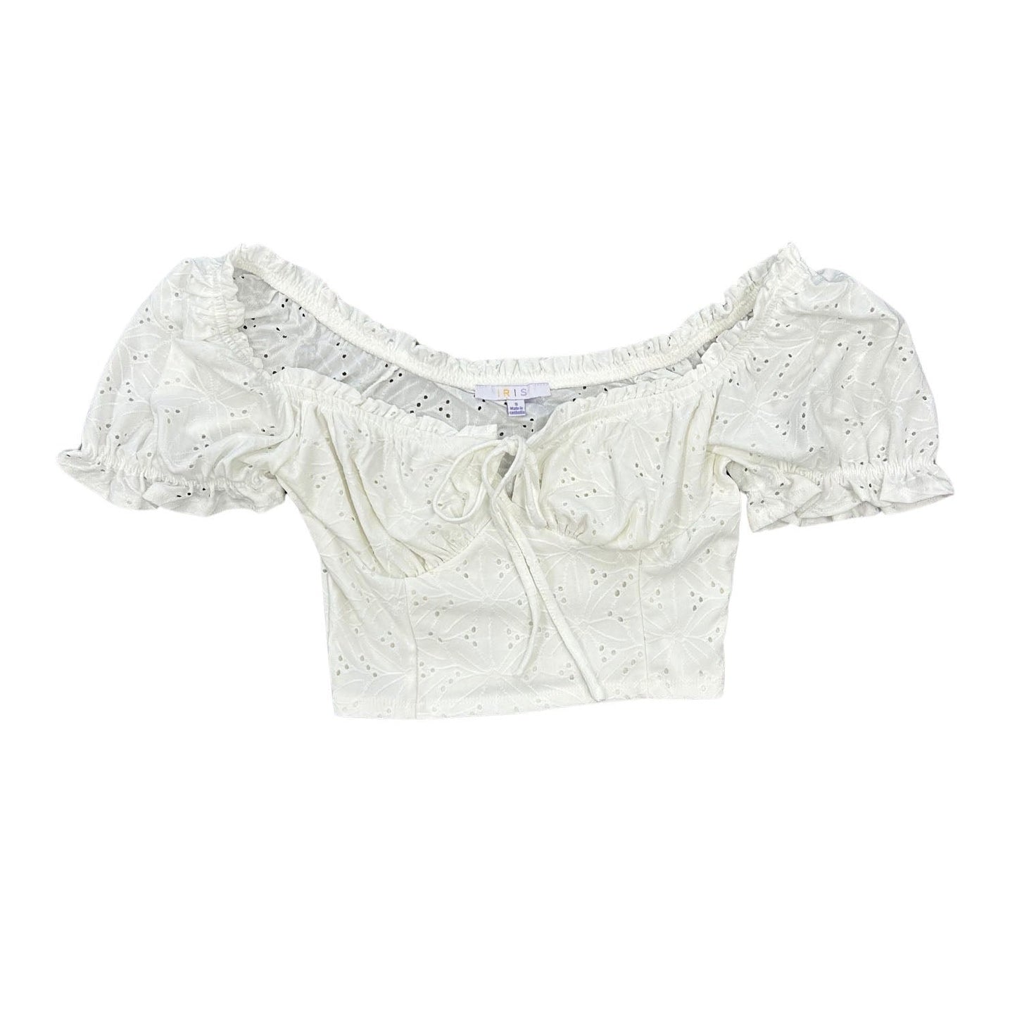 Eyelet Puff Sleeve Keyhole Crop Top - Ivory