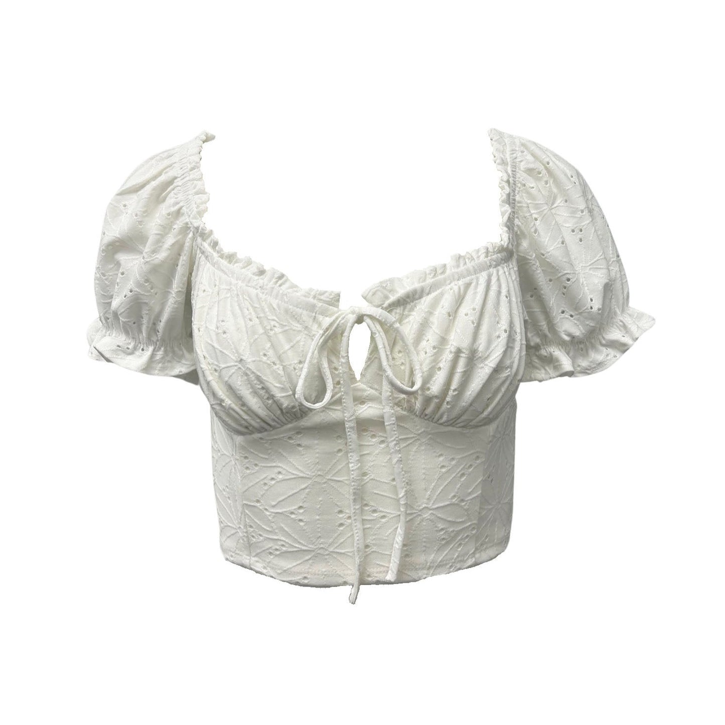 Eyelet Puff Sleeve Keyhole Crop Top - Ivory