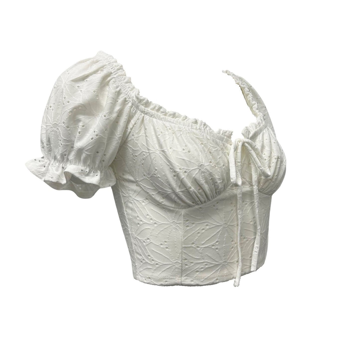 Eyelet Puff Sleeve Keyhole Crop Top - Ivory