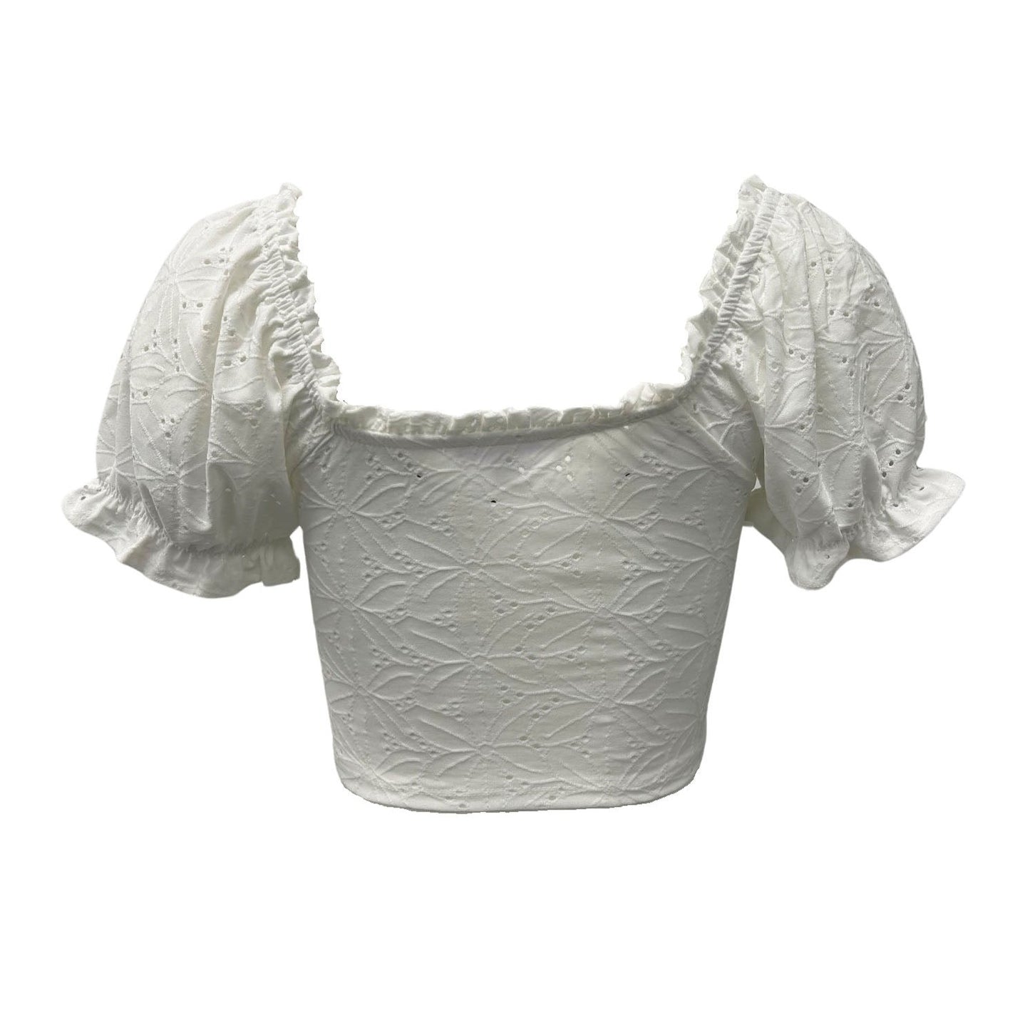 Eyelet Puff Sleeve Keyhole Crop Top - Ivory