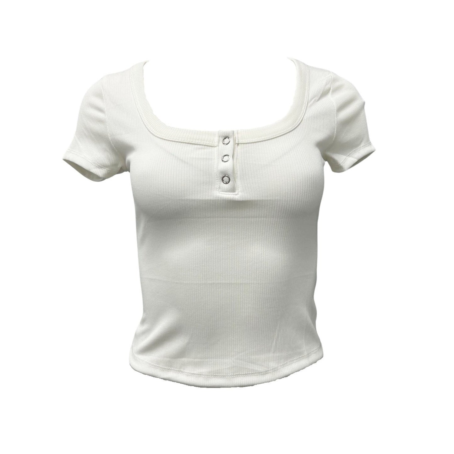 Perfect Tee 3 Snap Scoop Neck Ribbed Top - Ivory