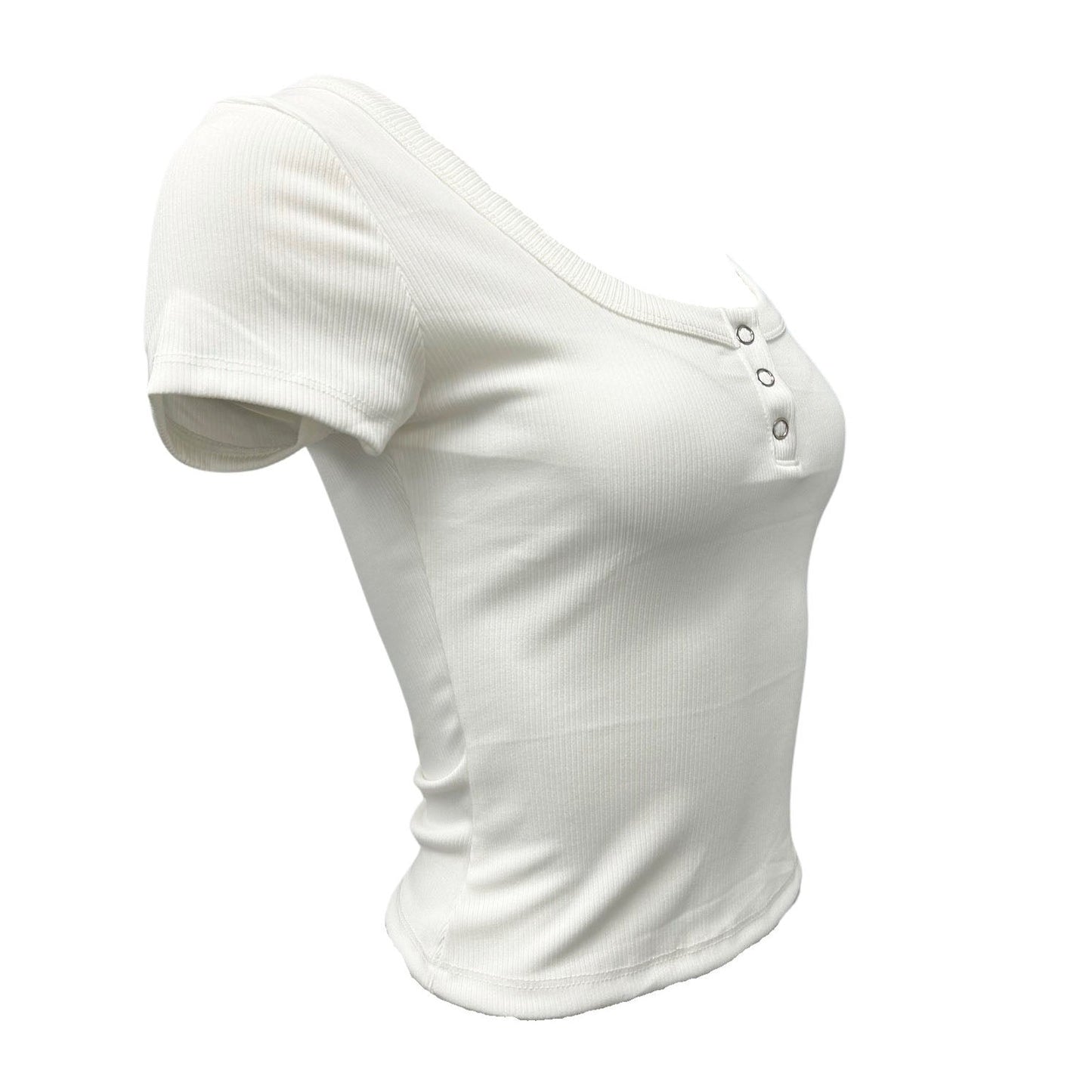 Perfect Tee 3 Snap Scoop Neck Ribbed Top - Ivory