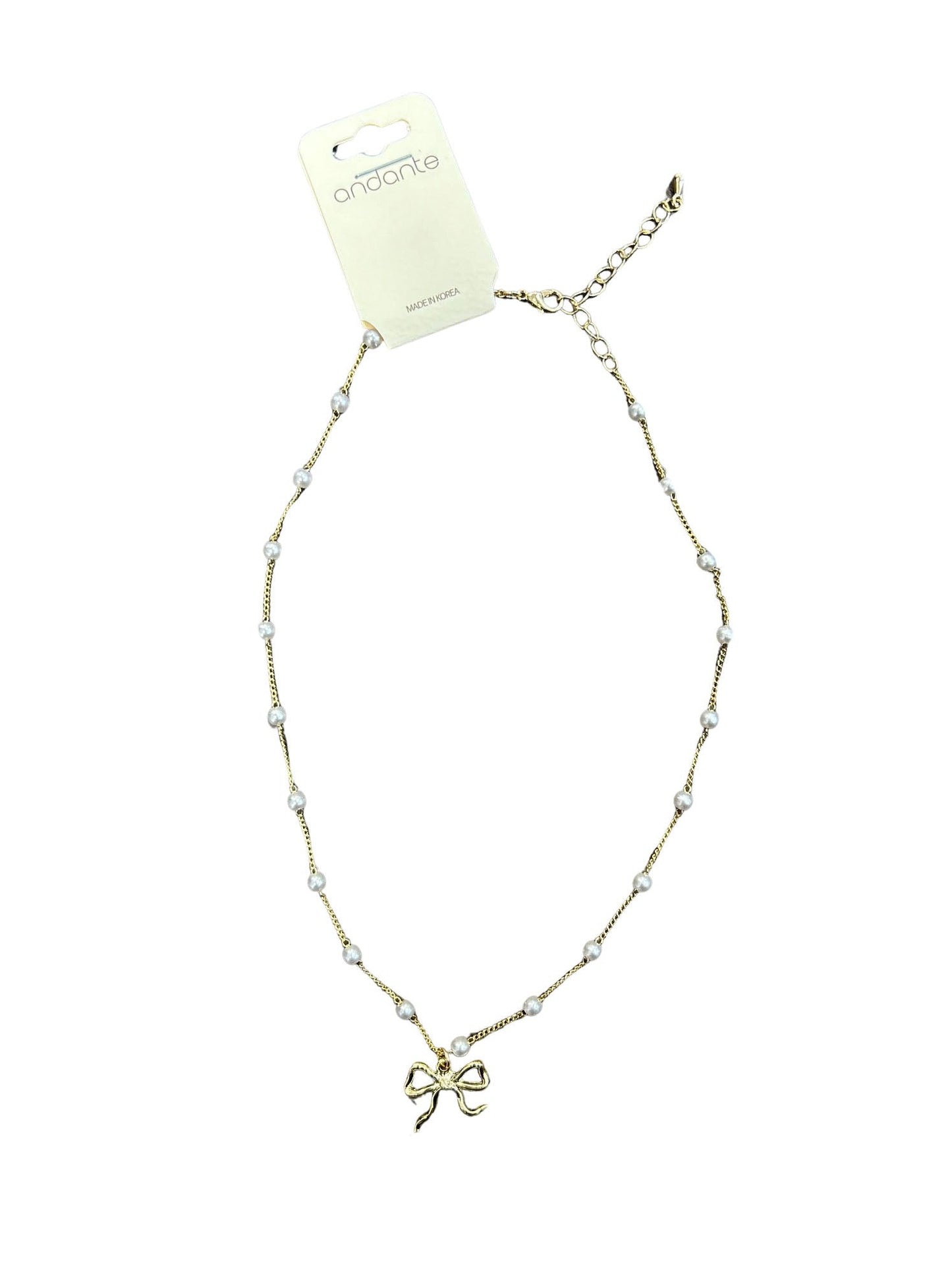 Golden Bow & Floating Pearl Necklace - Gold