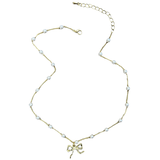 Golden Bow & Floating Pearl Necklace - Gold