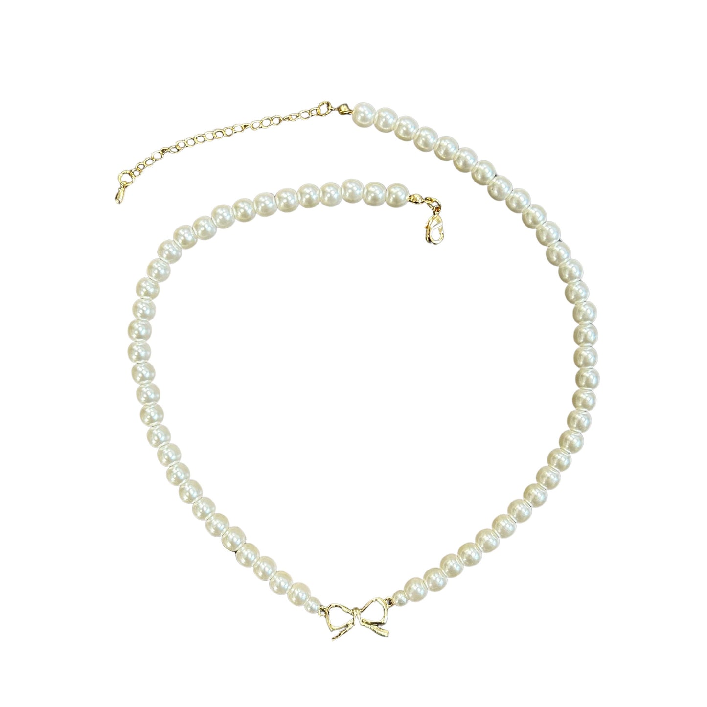 Full Pearl Necklace With Gold Bow Center Charm
