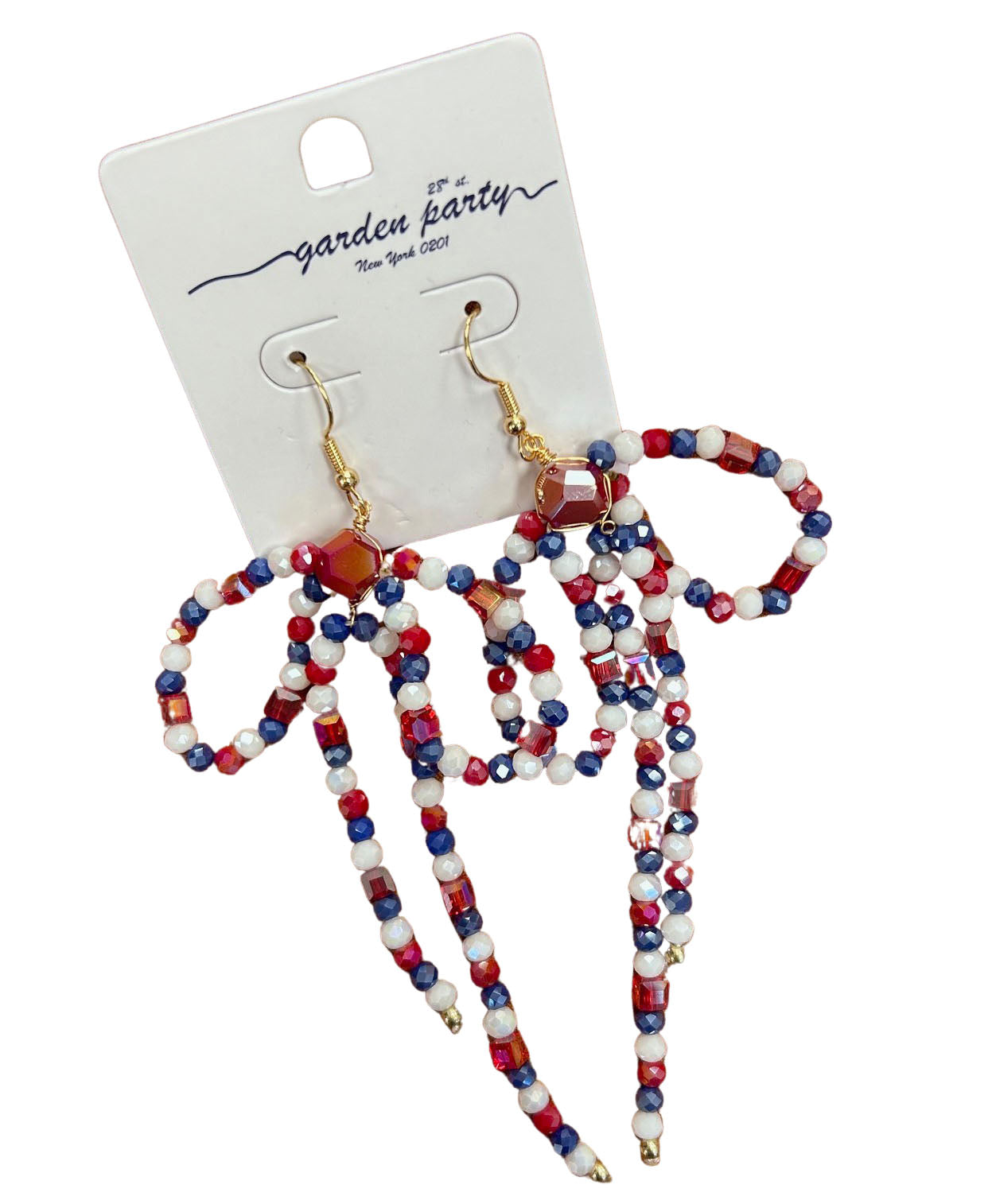 Patriotic Beaded Bow Swing Dangle Earrings - Gold