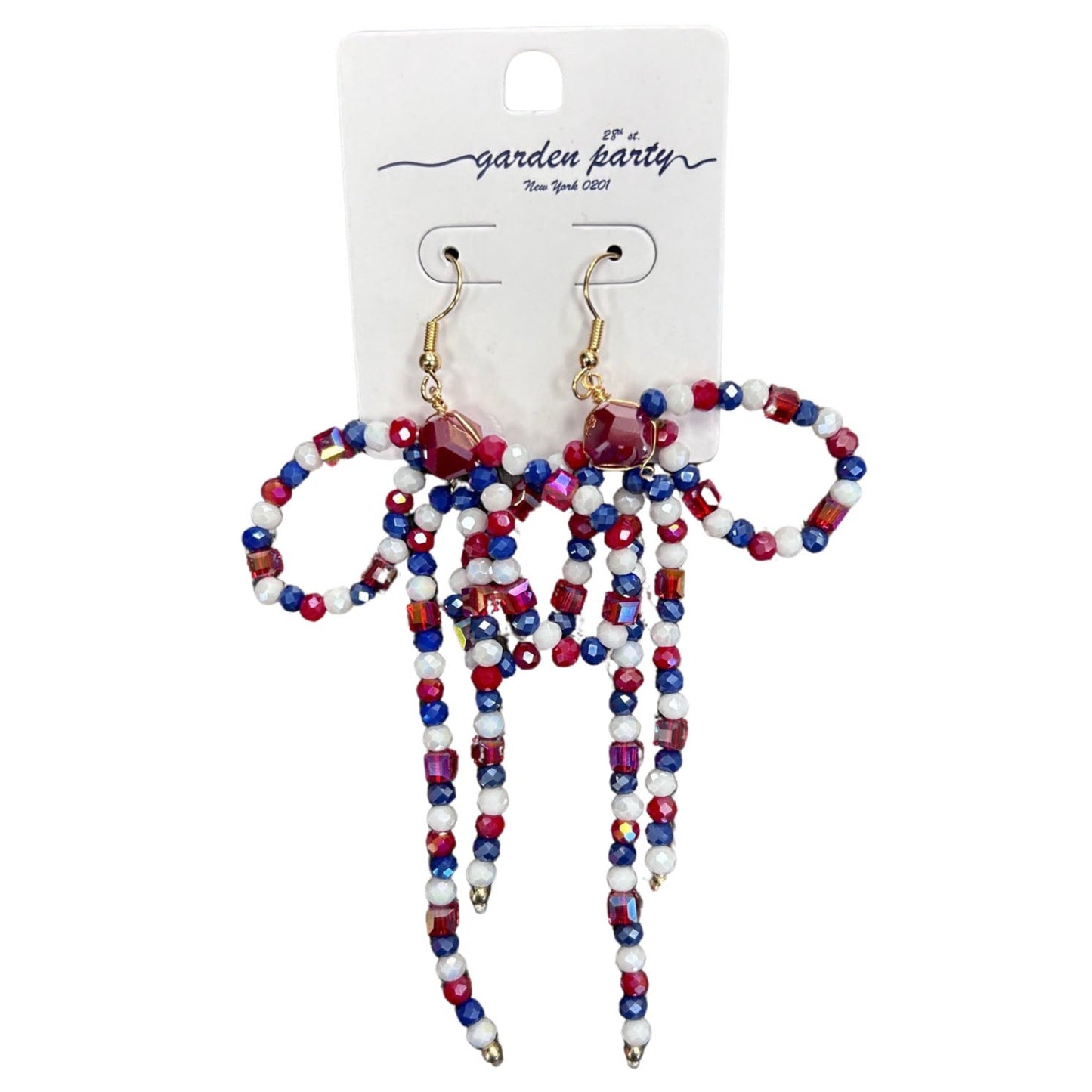 Patriotic Beaded Bow Swing Dangle Earrings - Gold