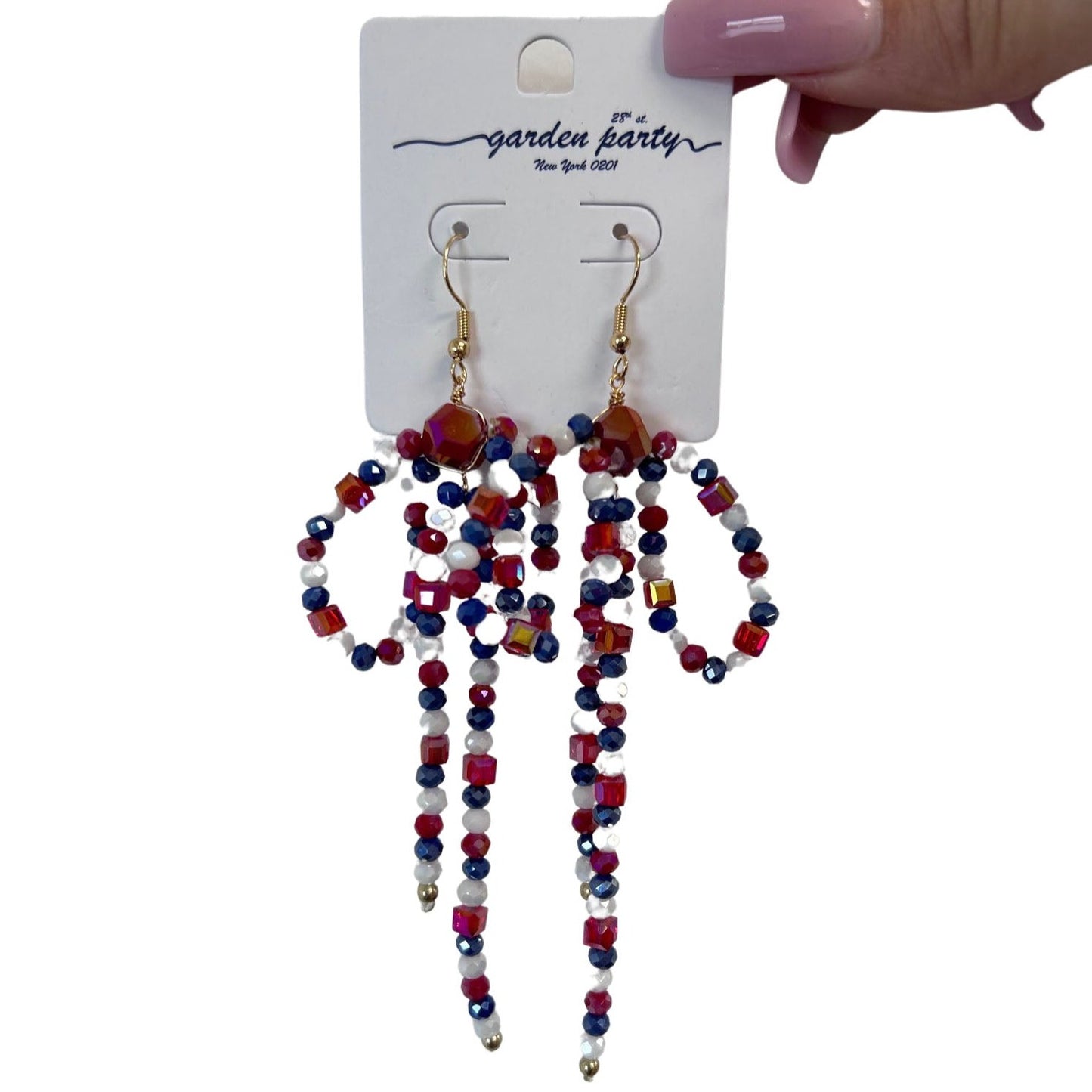 Patriotic Beaded Bow Swing Dangle Earrings - Gold