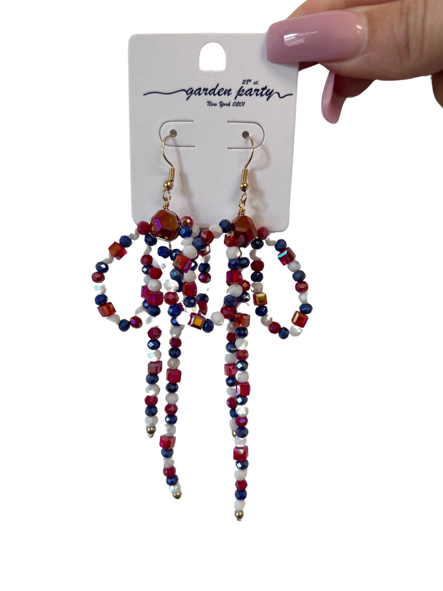 Patriotic Beaded Bow Swing Dangle Earrings - Gold