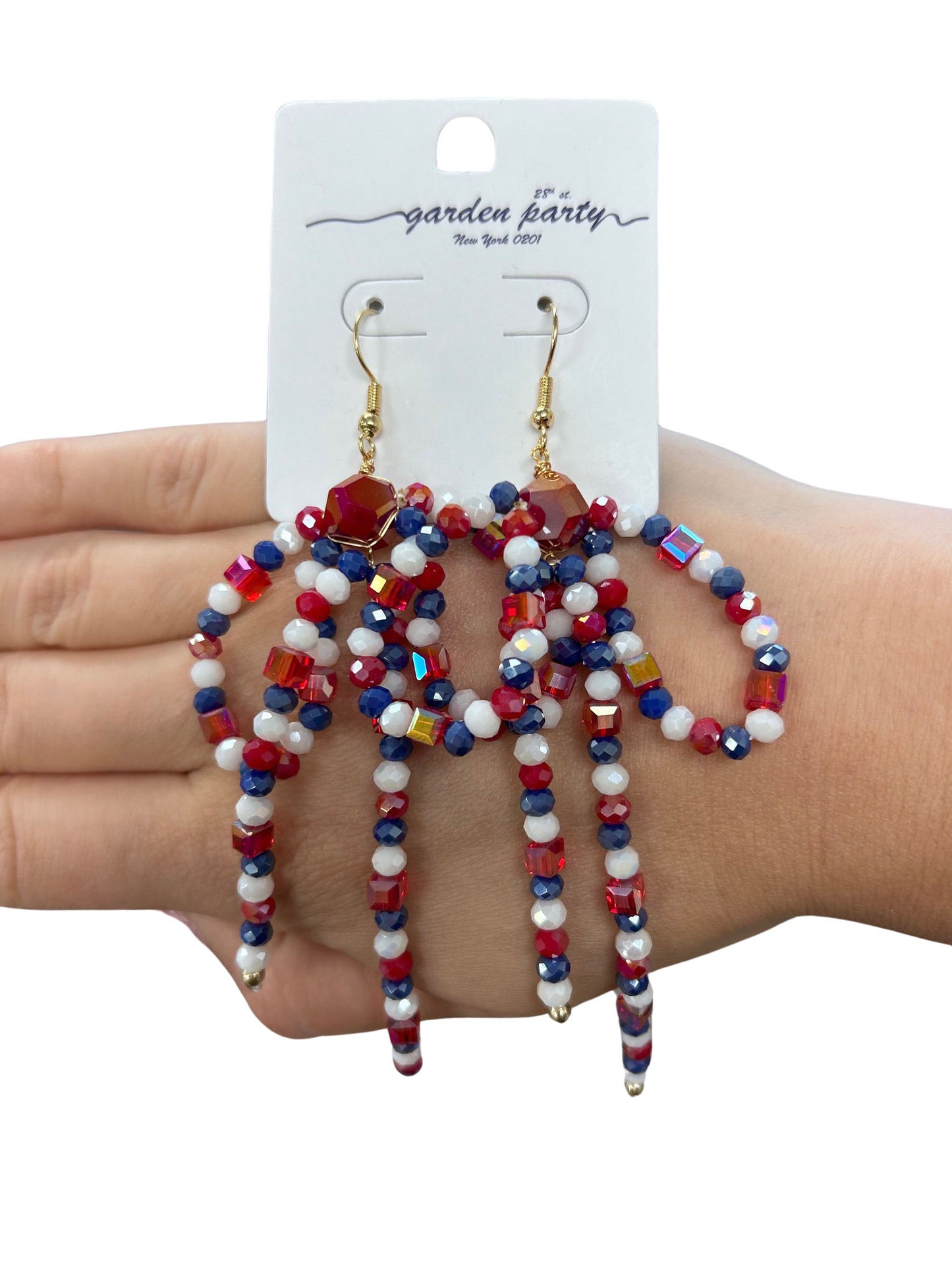 Patriotic Beaded Bow Swing Dangle Earrings - Gold