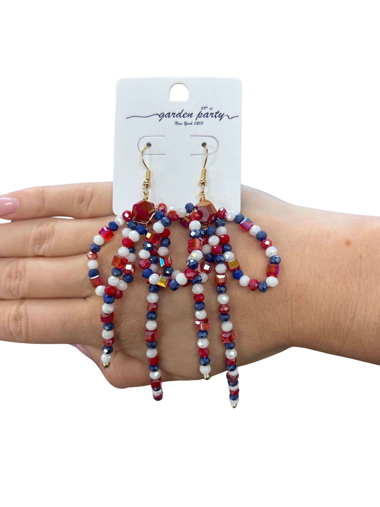 Patriotic Beaded Bow Swing Dangle Earrings - Gold