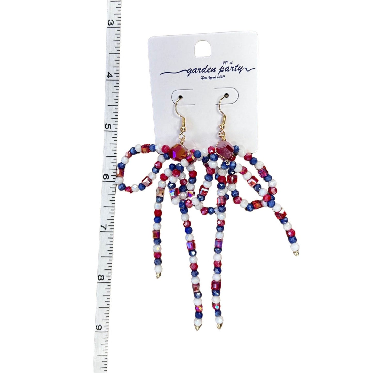 Patriotic Beaded Bow Swing Dangle Earrings - Gold