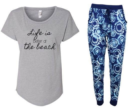 Life Is Better At The Beach Blue Tie Dye Jogger Pajama Set