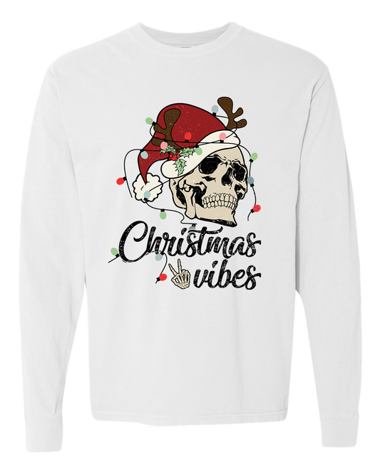 Christmas Vibes Skeleton Long Sleeve Tee - White