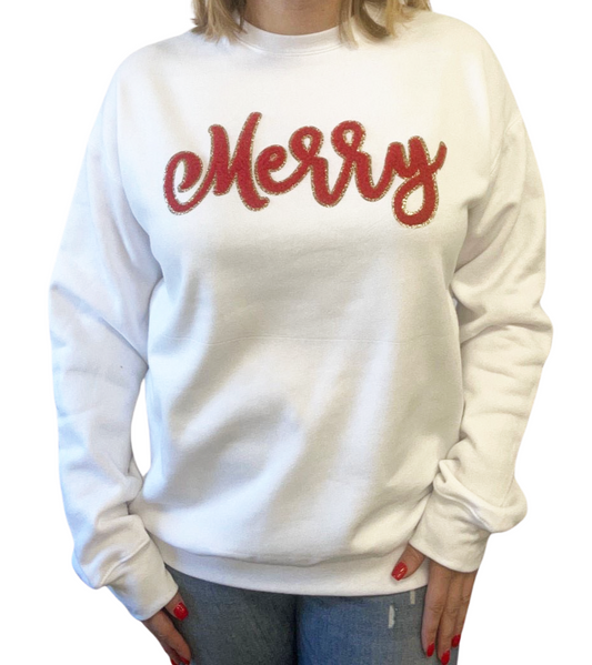 Merry Puffy Letter Sweatshirt With Gold Trim - Red On White