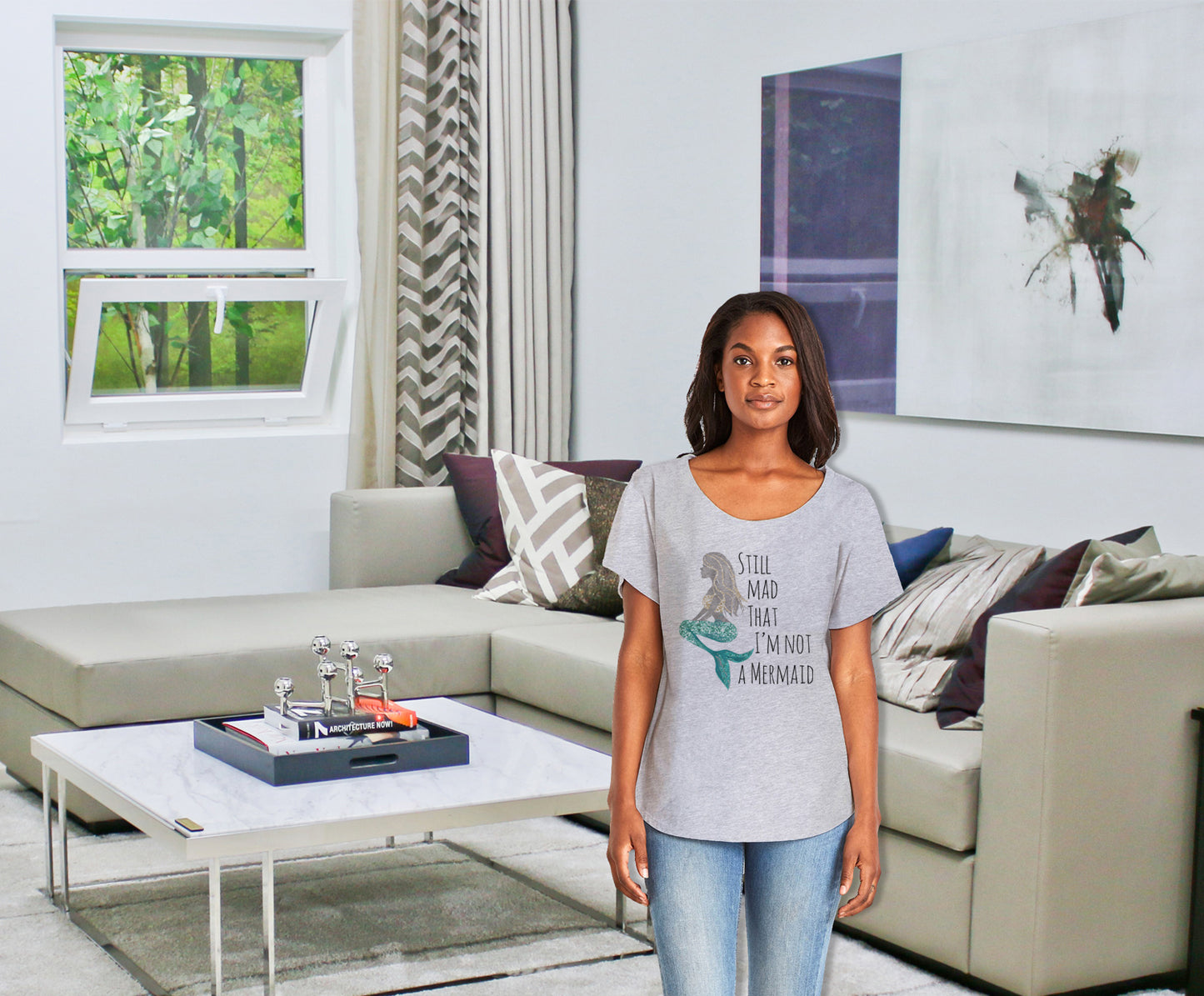 Still Mad That I'm Not A Mermaid Ladies Tee Shirt - In Grey & White