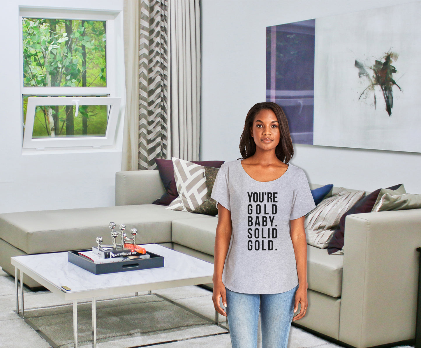 You're Gold Baby. Solid Gold. Ladies Tee Shirt - In Grey & White