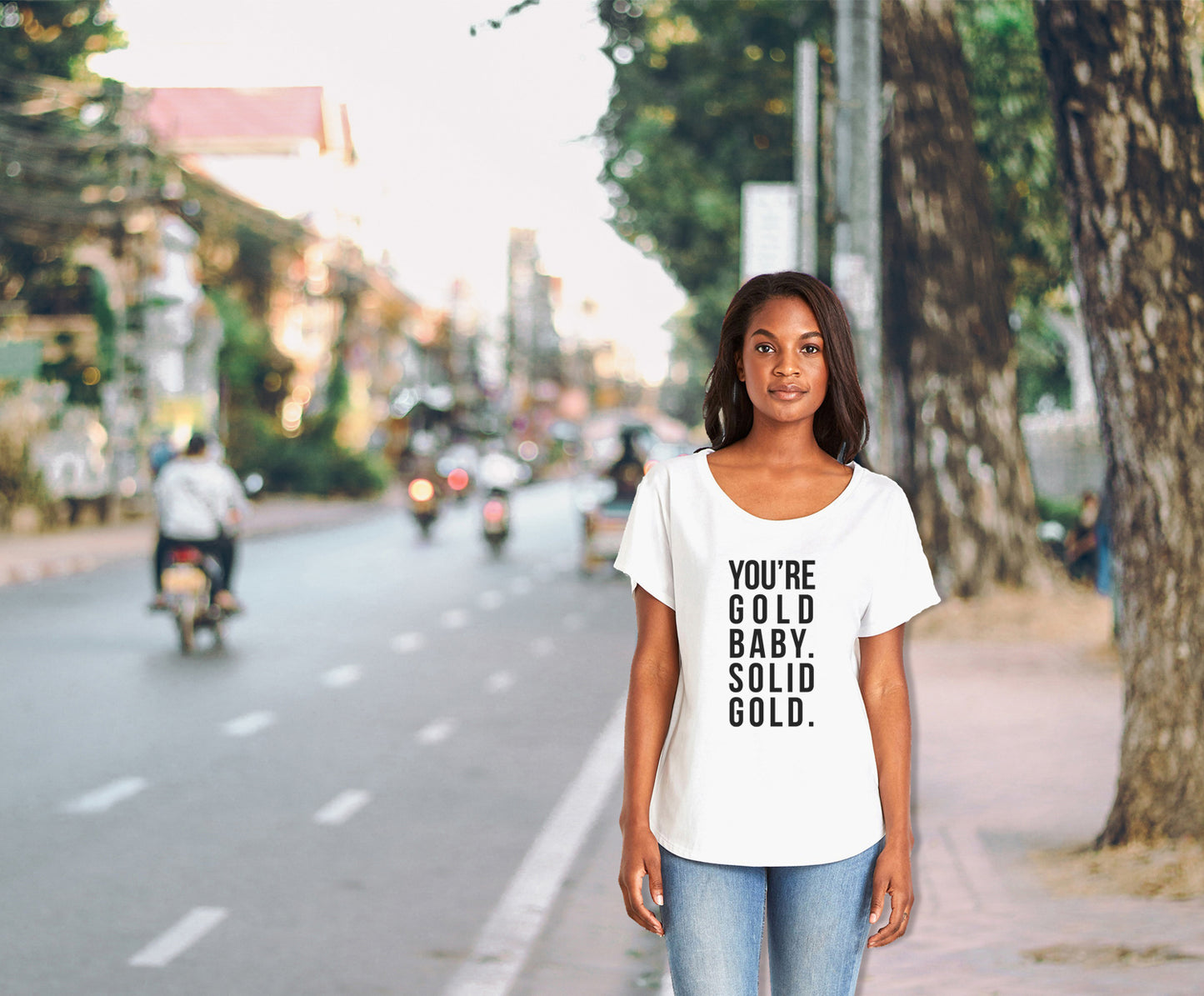 You're Gold Baby. Solid Gold. Ladies Tee Shirt - In Grey & White