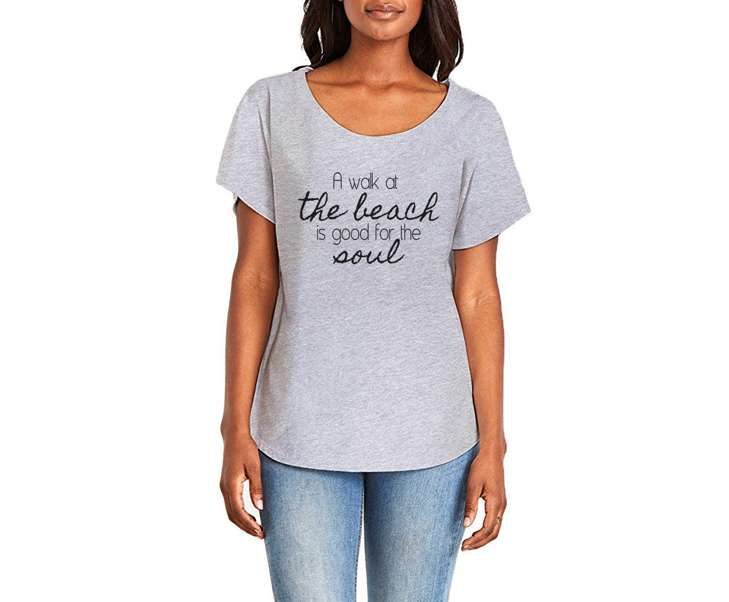 A Walk At The Beach Is Good For The Soul Ladies Tee Shirt - In Grey & White